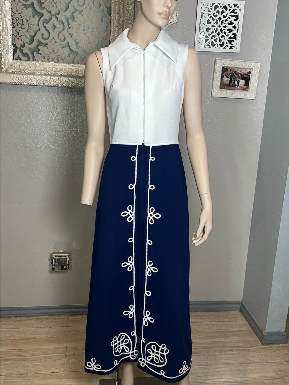 Vintage 1970’s Navy & White Sleeveless A-Line Maxi Dress